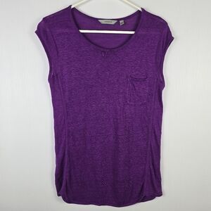 Athleta Women's Purple Cap Sleeve Newport 100% Linen Tee Top Sz Small Curved Hem